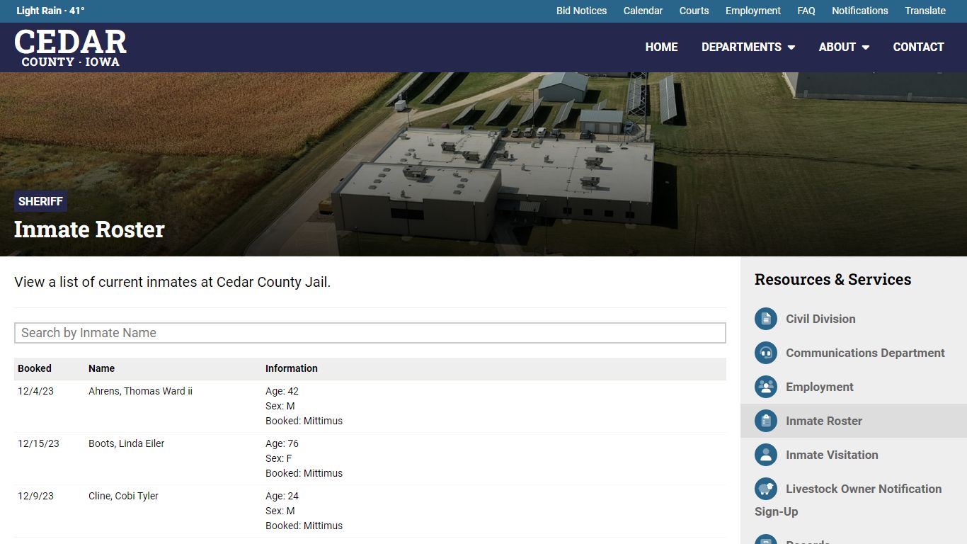 Inmate Roster - Sheriff's Office - Cedar County, Iowa